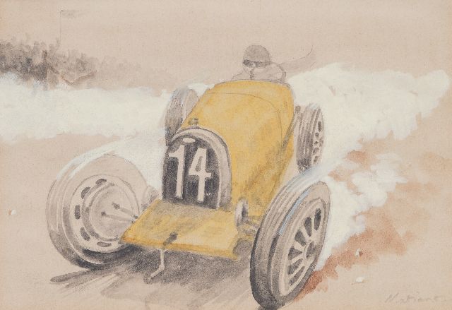 Onbekend | Raceauto nr. 14 in actie (set van 5, prijs per stuk), potlood, aquarel en gouache op papier, 19,7 x 29,1 cm, gesigneerd r.o.