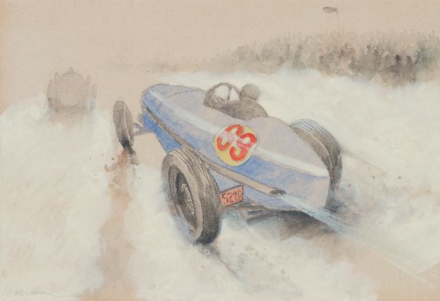 Onbekend | Raceauto nr. 69 in actie (set van 5, prijs per stuk), potlood, aquarel en gouache op papier, 20,0 x 29,1 cm, gesigneerd l.o.