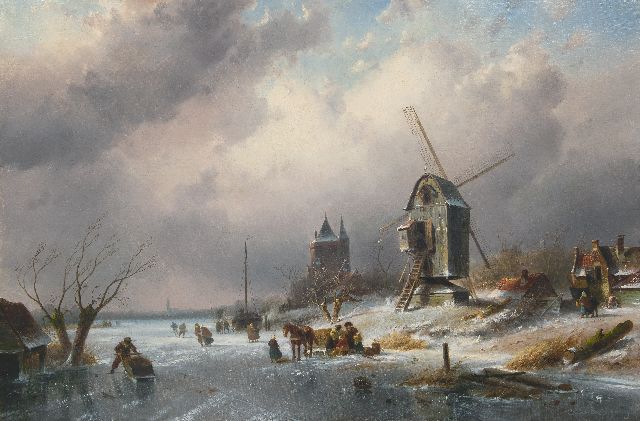 Charles Leickert | IJsgezicht met schaatsers, paardenslee en molen, olieverf op doek, 77,8 x 115,1 cm, gesigneerd r.o.