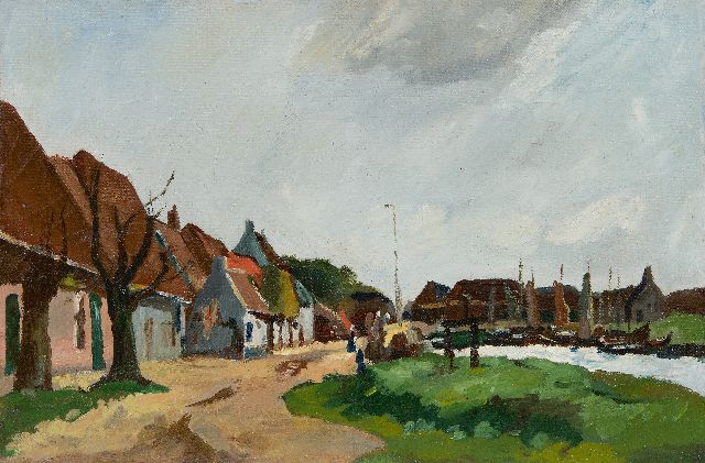 Jan van Vuuren | Stadsgezicht met haven, olieverf op doek, 24,4 x 36,4 cm