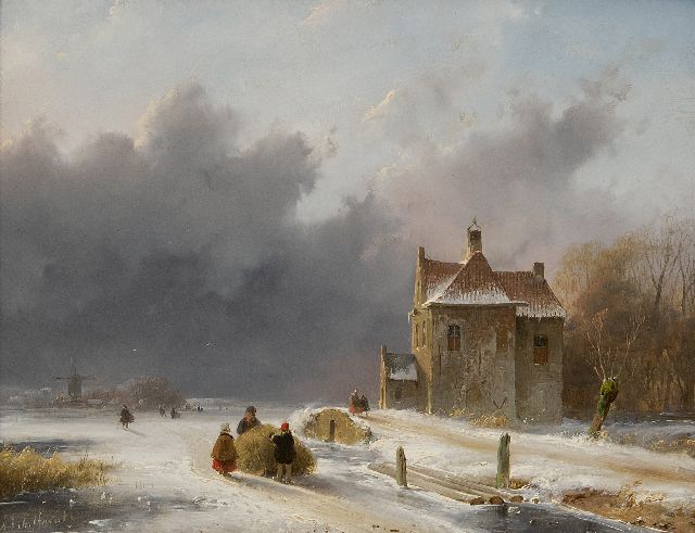 Andreas Schelfhout | IJsgezicht met naderende sneeuwstorm (alleen tezamen met pendant zomer), olieverf op paneel, 25,8 x 32,5 cm, gesigneerd l.o.