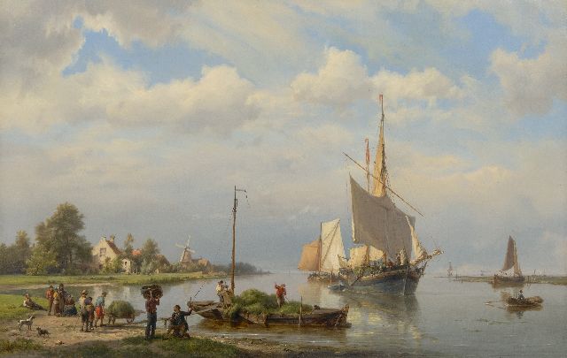 Hermanus Koekkoek | Kalme rivierarm met afgemeerde schepen en hooi ladende figuren, olieverf op doek, 49,0 x 76,8 cm, gesigneerd m.o. en gedateerd 1865  VERKOCHT