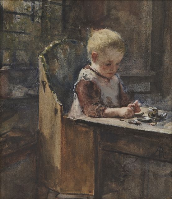 Bramine Hubrecht | In de kinderstoel, aquarel op papier op board, 35,0 x 30,0 cm, gesigneerd r.o. met monogram