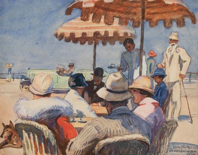 Willy Sluiter | Met de cabriolet langs het boulevardterras in Scheveningen, krijt en aquarel op board, 37,1 x 47,0 cm, gesigneerd r.o. en gedateerd 'Scheveningen' 1930