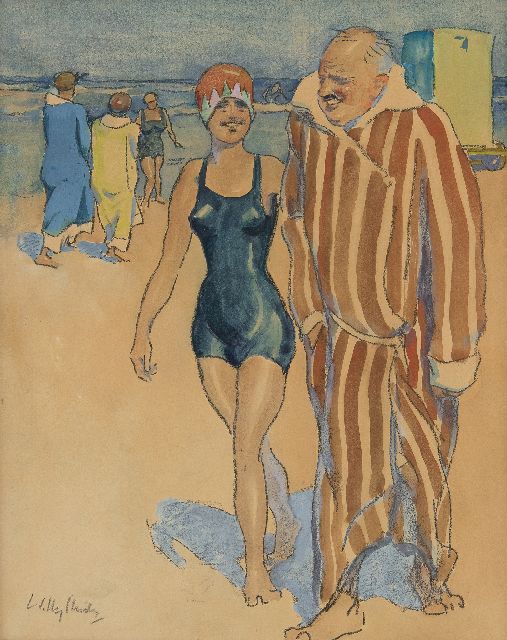 Willy Sluiter | Na de duik in zee, Scheveningen, krijt en aquarel op board, 47,0 x 37,0 cm, gesigneerd l.o.