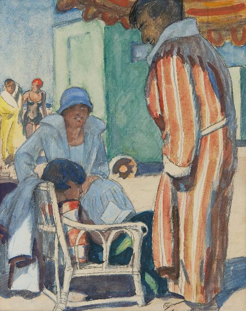 Willy Sluiter | Familie op het strand van Scheveningen, krijt en aquarel op board, 47,0 x 37,0 cm, gesigneerd r.o.