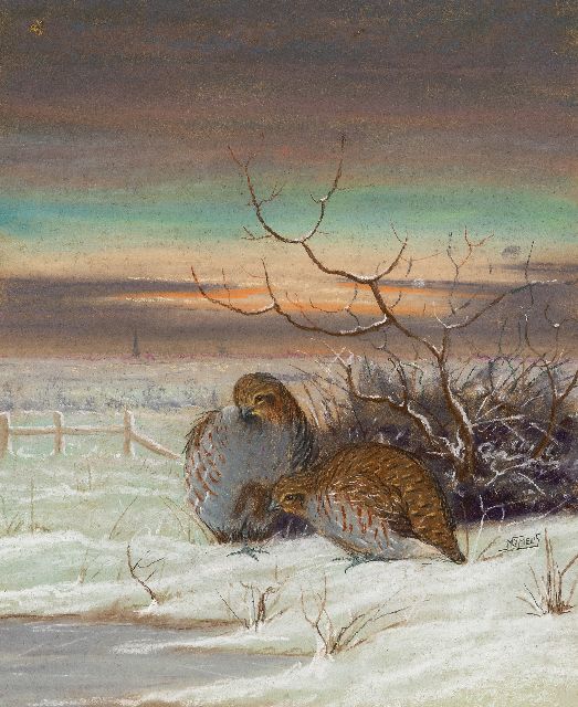 Nicolaas Jan Melis | Patrijzen in een sneeuwlandschap, krijt en aquarel op board, 48,8 x 41,0 cm, gesigneerd r.m.