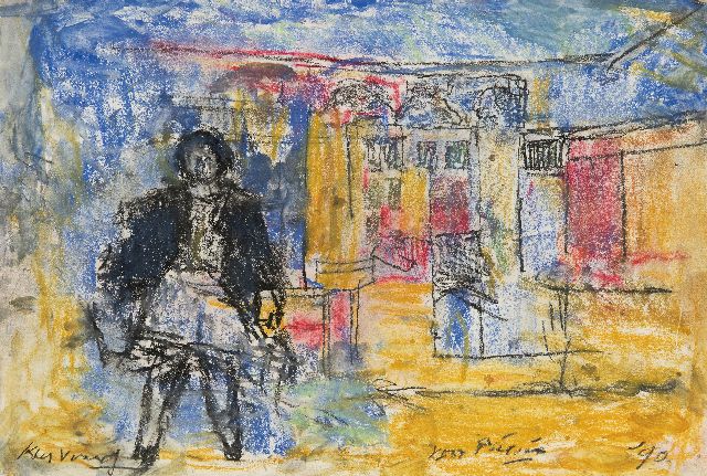 Kees Verwey | Straatgezicht met vrouw, krijt en aquarel op papier, 26,8 x 39,8 cm, gesigneerd l.o. en gedateerd '90