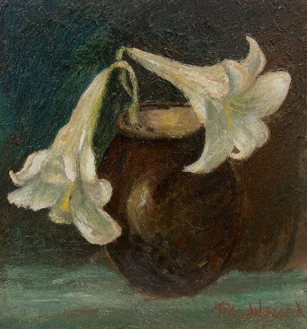 Piet van Wijngaerdt | Lelietak in een vaas, olieverf op paneel, 35,1 x 32,4 cm, gesigneerd r.o.