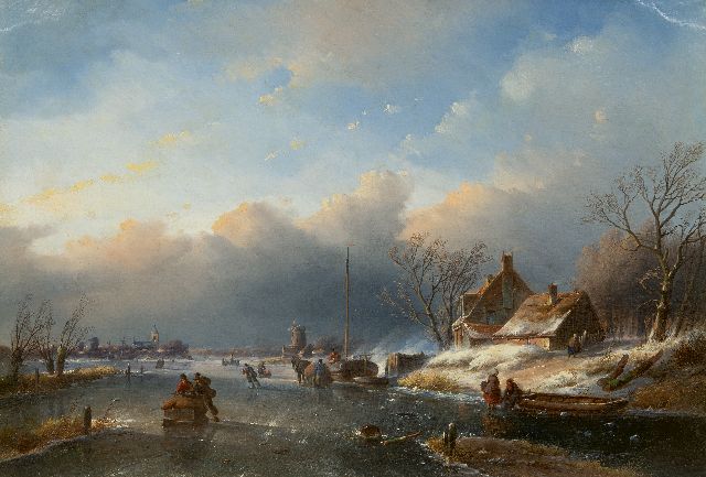 Jan Jacob Spohler | IJsgezicht met schaatsers, olieverf op doek, 59,5 x 80,5 cm, gesigneerd l.o.
