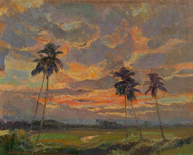 Ernest Dezentjé | Zonsondergang in de omgeving van de kultuurtuin Tjikeumeuh, Buitenzorg, olieverf op paneel, 31,9 x 39,3 cm, gesigneerd l.o. en verso