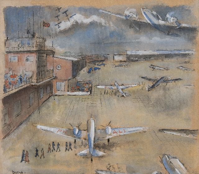 Wim Bosma | Vliegveld Schiphol met de KLM Douglas DC-3 'Ibis', krijt en gouache op karton, 54,4 x 62,0 cm, gesigneerd l.o. en te dateren eind jaren 30