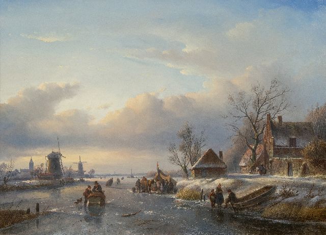 Jan Jacob Spohler | Drukbevolkt ijsgezicht met schaatsers, sledes en een koek-en-zopie, olieverf op doek, 59,7 x 82,2 cm, gesigneerd l.o.