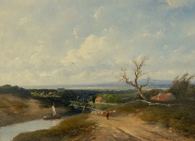Antonius Josephus Madlener | Panoramisch landschap met herder en schapen, olieverf op paneel, 21,7 x 29,7 cm, gesigneerd r.o. en gedateerd '54