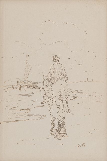 Evert Pieters | Lijnhaalder te paard in de branding, inkt op papier, 31,9 x 21,7 cm, gesigneerd r.o. met initialen