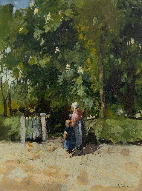 Cornelis Vreedenburgh | Moeder en kind bij tuinhekje, olieverf op doek, 21,4 x 16,2 cm, gesigneerd r.o. met initialen en gedateerd '07
