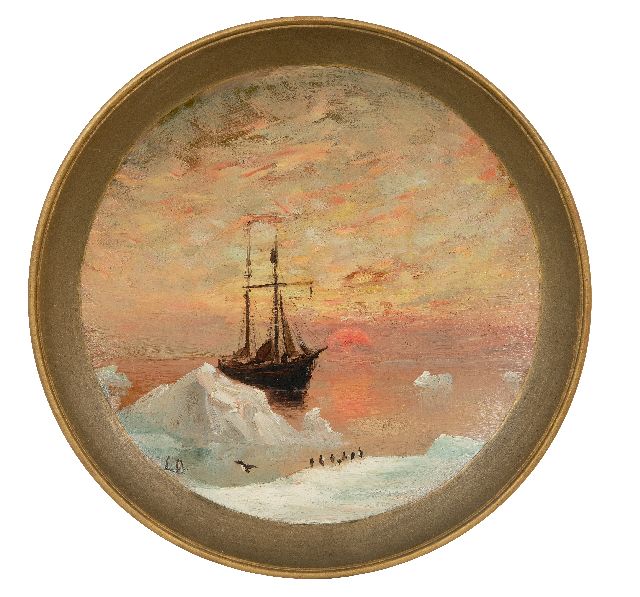 Louis Apol | De Willem Barentsz op Nova Zembla bij zonsondergang, olieverf op keramiek, gesigneerd l.o. met initialen