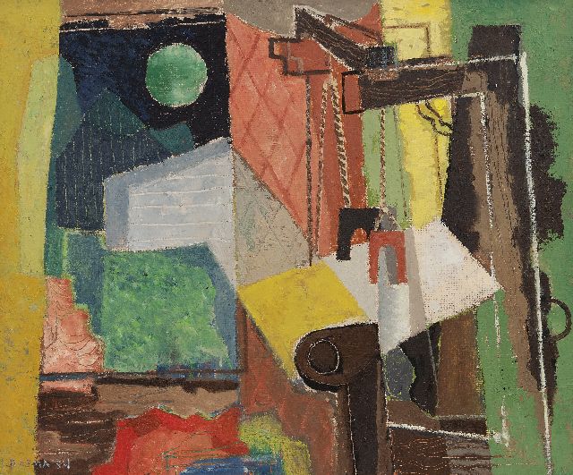 Wim Bosma | Compositie met weefgetouw, olieverf op board, 49,0 x 59,9 cm, gesigneerd l.o. en gedateerd '54
