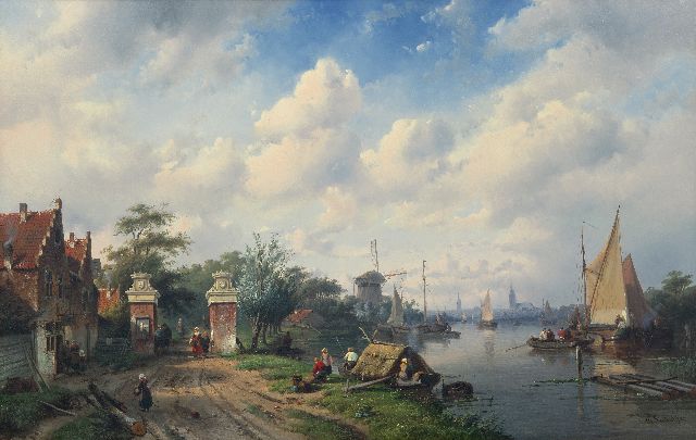 Charles Leickert | Zomerse vaart met tolhek de Tolhuispoort in Oegstgeest, beter bekend als 'het Leidsche Hek', olieverf op paneel, 65,4 x 103,0 cm, gesigneerd r.o. en gedateerd '53