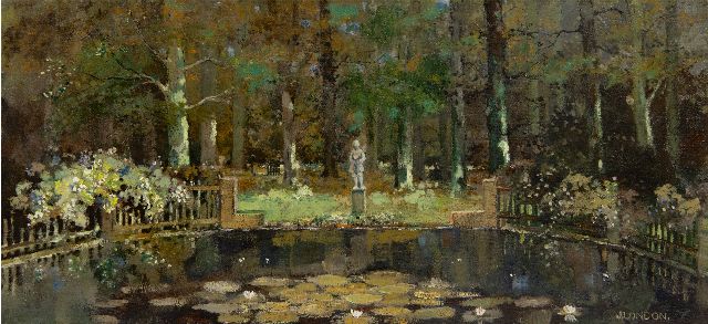 Jacob London | De tuin achter het woonhuis van de kunstenaar in Hilversum, olieverf op doek, 25,0 x 52,6 cm, gesigneerd r.o.