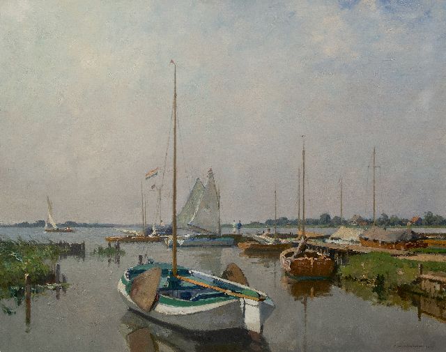 Cornelis Vreedenburgh | Haven aan de Loosdrechtse Plassen, op de voorgrond een tjotter, olieverf op doek, 80,0 x 100,2 cm, gesigneerd r.o. en gedateerd 1933