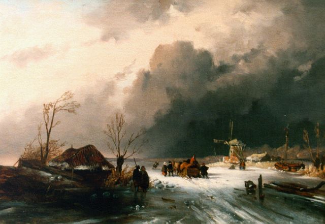Charles Leickert | Wintergezicht met schaatsers en slede op het ijs, olieverf op doek, 32,5 x 46,0 cm, gesigneerd l.o. mon