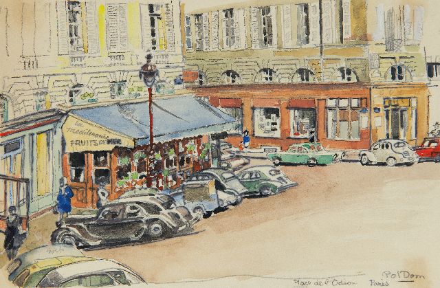 Pol Dom | Place de l'Odéon in Parijs, met oldtimers, potlood, pen, inkt en aquarel op papier, 16,3 x 24,6 cm, gesigneerd r.o.