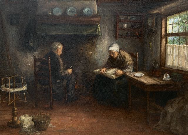 Jan de Jong | Bijbellezen, olieverf op doek, 60,2 x 80,3 cm, gesigneerd r.o.