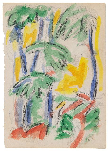 Jan Altink | Bosgezicht, krijt en aquarel op papier, 17,7 x 12,4 cm