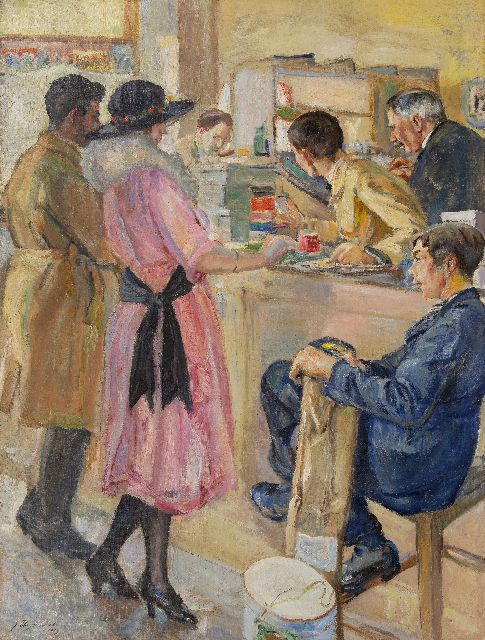 Emile Thysebaert | In de fourniturenwinkel, olieverf op doek, 109,2 x 83,2 cm, gesigneerd l.o. en gedateerd 1923 (onduidelijk)