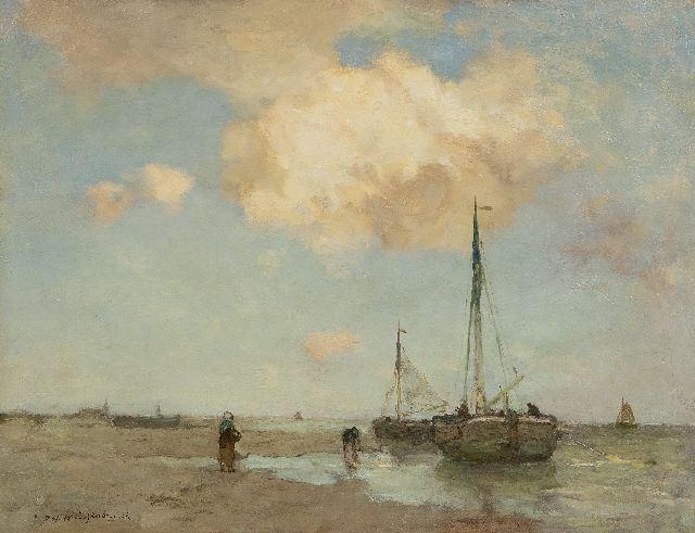 Jan Hendrik Weissenbruch | Bomschuiten aan de vloedlijn, olieverf op doek, 38,9 x 50,9 cm, gesigneerd l.o.