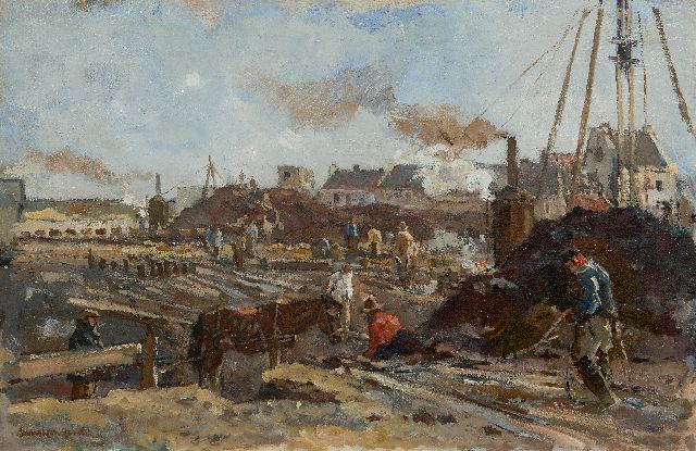 Frans Langeveld | Bouwplaats met stoomheimachines, olieverf op doek, 47,1 x 71,4 cm, gesigneerd l.o.