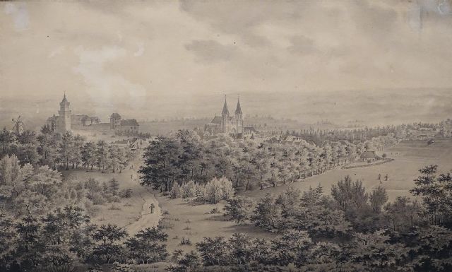 Hollandse School, 19e eeuw | Panoramisch gezicht op de Duitse stad Kleef met de Zwanenburcht en de Stiftskirche i.o., inkt op papier, 23,1 x 38,2 cm, gesigneerd r.o. en gedateerd 1842