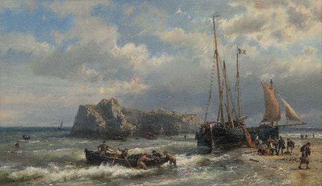 Hermanus Koekkoek | Schepen en vissers aan de Franse kust, olieverf op doek, 45,1 x 76,7 cm, gesigneerd r.o. en te dateren eind jaren 60  VERKOCHT