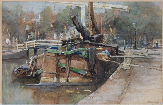 Jan Hillebrand Wijsmuller | Afgemeerde tjalk aan de kade, aquarel op papier, 33,5 x 51,0 cm, gesigneerd r.o.