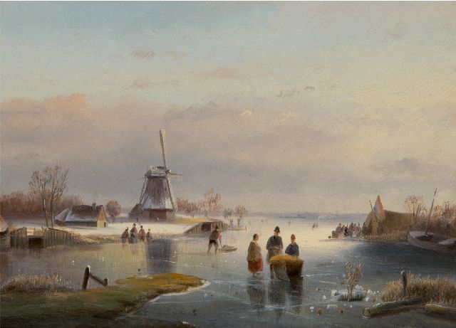 Anton Braakman | Bedrijvigheid op het ijs, olieverf op paneel, 17,3 x 23,0 cm, gesigneerd voorheen  r.o.  A. Schelfhout en ca. 1850