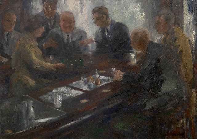 Kees Roovers | Dobbelen in café de Posthoorn, Den Haag, olieverf op board, 47,1 x 65,6 cm, gesigneerd r.o.