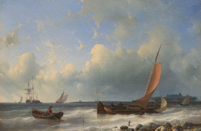 Abraham Hulk | Langs de kust zeilende aak, olieverf op doek, 40,6 x 61,4 cm, gesigneerd l.o. en zonder lijst