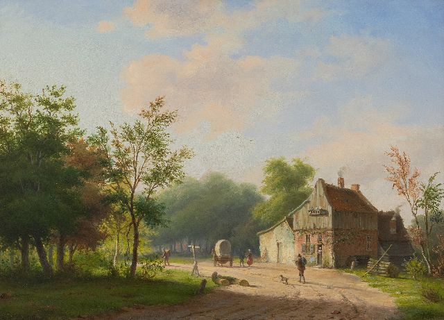 Koekkoek P.H.  | Landweg met boerenhuis en figuren, olieverf op paneel 28,3 x 38,8 cm, gesigneerd m.o.  M.A. Koekkoek