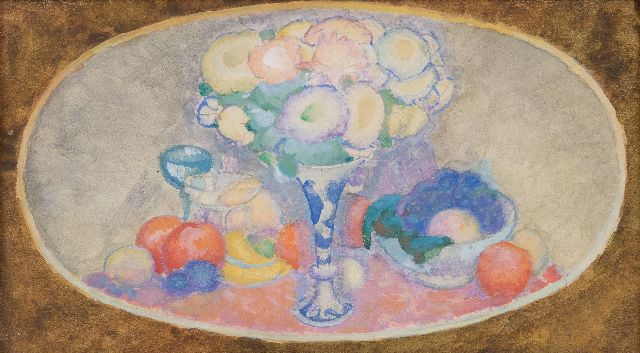 Gestel L.  | Medaillon met bloemstilleven  (alleen tezamen met pendant), aquarel op papier 13,0 x 22,9 cm