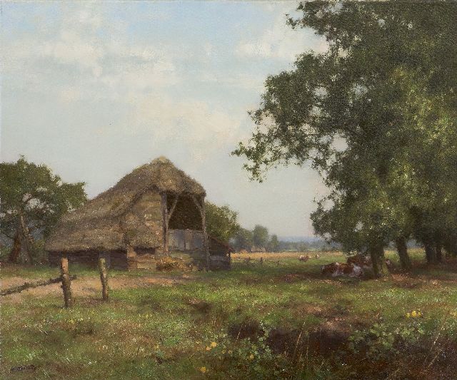 Jan Holtrup | Koeienschuur in Havelte, olieverf op doek, 50,2 x 60,2 cm, gesigneerd l.o.