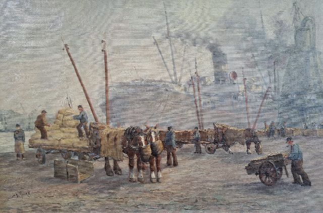 John Rockx | Bedrijvigheid in de haven, olieverf op doek, 40,1 x 60,2 cm, gesigneerd l.o.