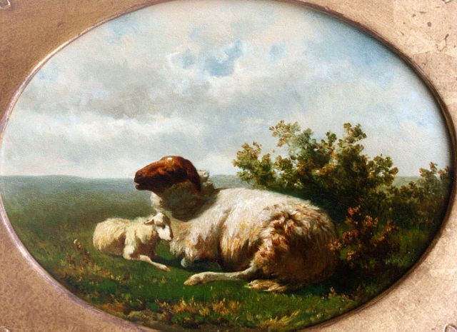 Jan de Haas | Weidelandschap met schaap en lam (pendant), olieverf op paneel, 18,0 x 25,4 cm, gesigneerd l.o. monogram