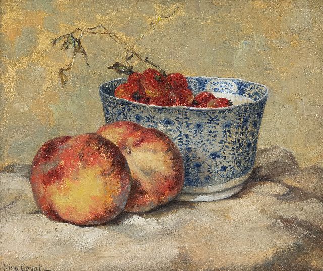 Nico Cevat | Stilleven met perziken en aardbeien, olieverf op paneel, 23,4 x 28,0 cm, gesigneerd l.o.