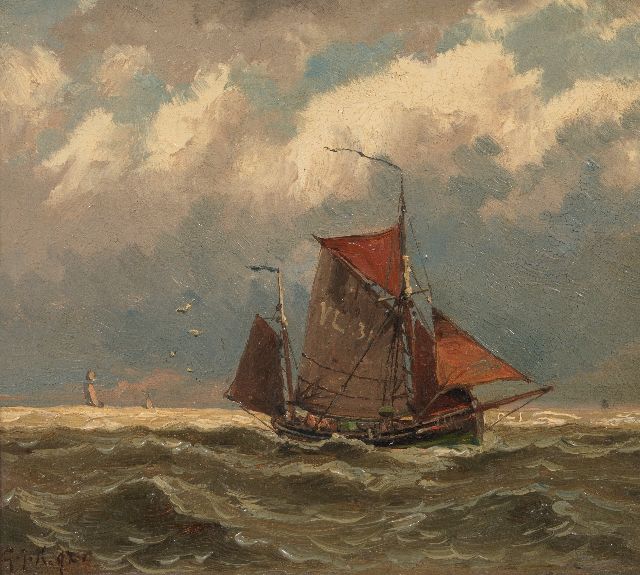 Gerard Koekkoek | Vissersboot op volle zee, olieverf op paneel, 14,6 x 16,9 cm, gesigneerd l.o. met initialen en gedateerd '92