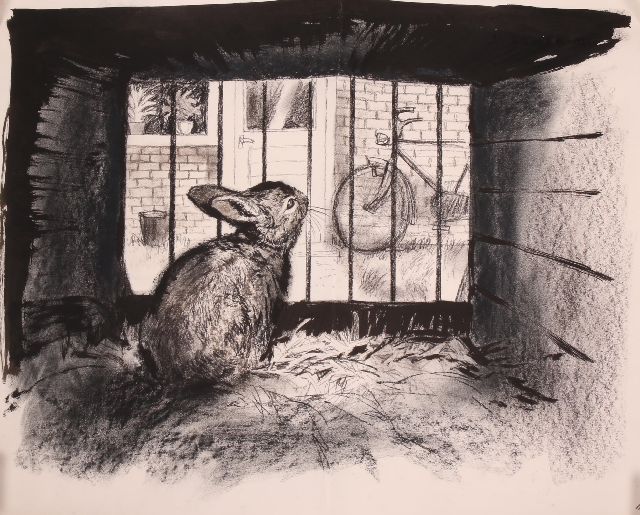 Rien Poortvliet | Konijntje in hok, houtskool en inkt op papier, 50,0 x 64,8 cm