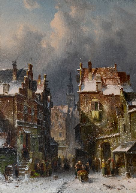 Charles Leickert | Drukbevolkt straatje in de sneeuw, olieverf op doek, 72,7 x 52,0 cm, gesigneerd r.o. en gedateerd '88