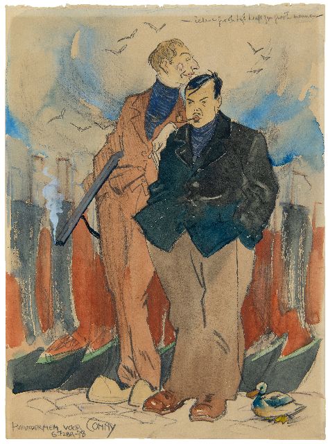 Piet van der Hem | Piet van der Hem en Wilm Wouters op '(vrouwen)jacht' in Volendam, aquarel op papier, 38,0 x 27,0 cm, gesigneerd l.o. en gedateerd 6 febr. '18