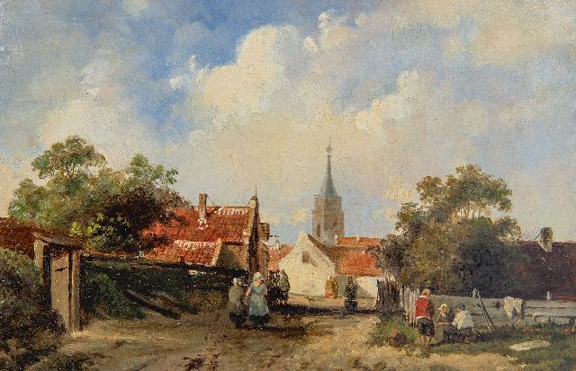 Charles Leickert | Gezicht in een Hollands dorpje, olieverf op paneel, 12,8 x 18,9 cm, gesigneerd r.o. met initialen en te dateren ca. 1855