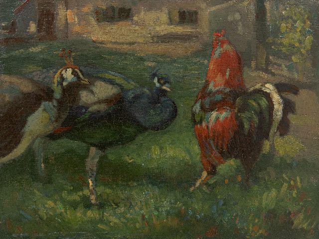 Pieter Cornelis de Moor | Twee pauwen en een haan, olieverf op paneel, 18,0 x 24,0 cm, gesigneerd r.o.